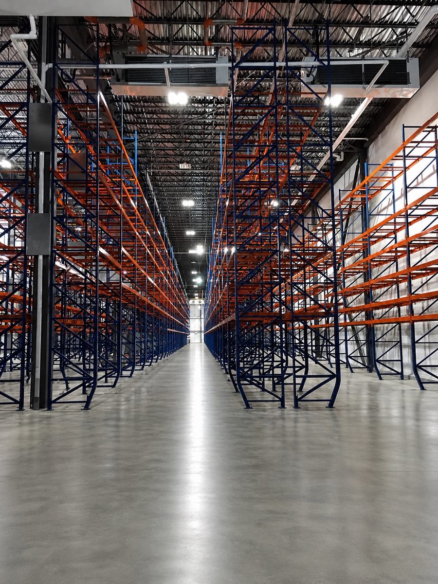Allée de racking industriel installée dans un entrepôt